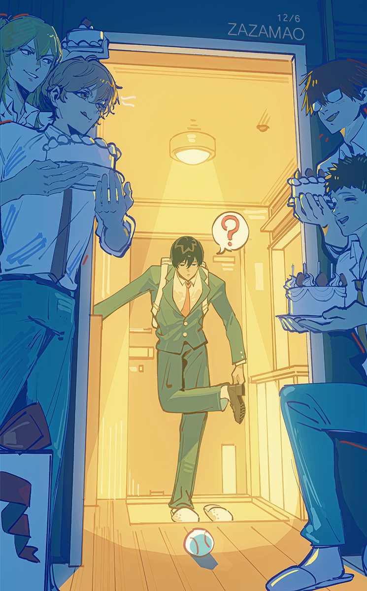 5boys :d ? artist_name baseball black_hair blonde_hair boukyaku_battery brown_hair cake chihaya_shunpei dated food glasses highres indoors kaname_kei kiyomine_haruka male_focus multiple_boys necktie open_mouth removing_shoes school_uniform shirt short_hair slice_of_life slippers smile spoken_question_mark toudou_aoi white_shirt yamada_tarou_(boukyaku_battery) zamao_(zaza)