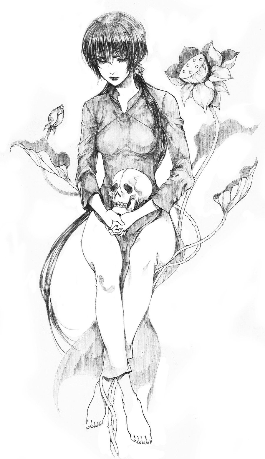 1girl axis_powers_hetalia barefoot closed_eyes crossed_ankles feet female_focus fingernails flower hair_flower hair_ornament highres image_sample lips lipstick long_hair long_sleeves makeup monochrome own_hands_together pants ponytail short_hair sitting sketch skull solo sweetcrescent thorn_(ff9) thorns toenails vietnam vietnam_(hetalia) ao_dai