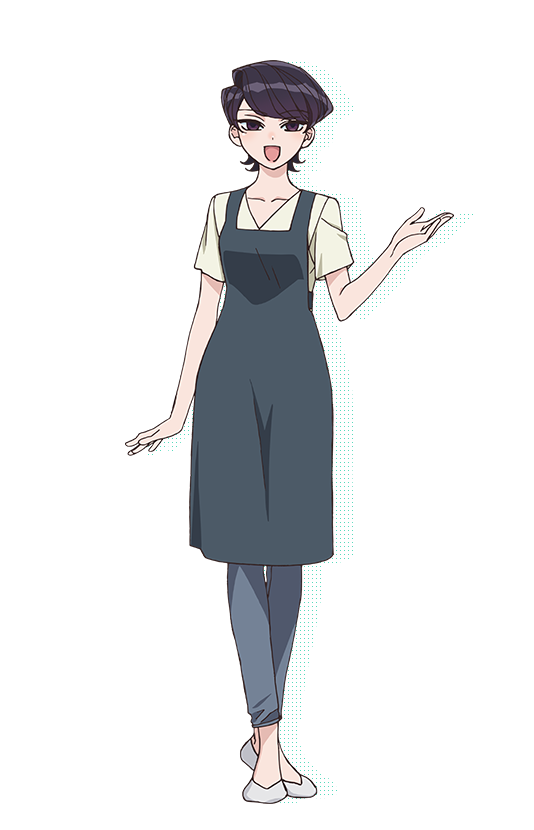 1girl :d apron arm_at_side blue_pants collarbone drop_shadow full_body green_apron hand_up komi-san_wa_komyushou_desu komi_shuuko looking_at_viewer nakajima_atsuko official_art open_mouth pants purple_eyes purple_hair shirt shoes short_sleeves smile solo standing transparent_background white_shirt white_shoes