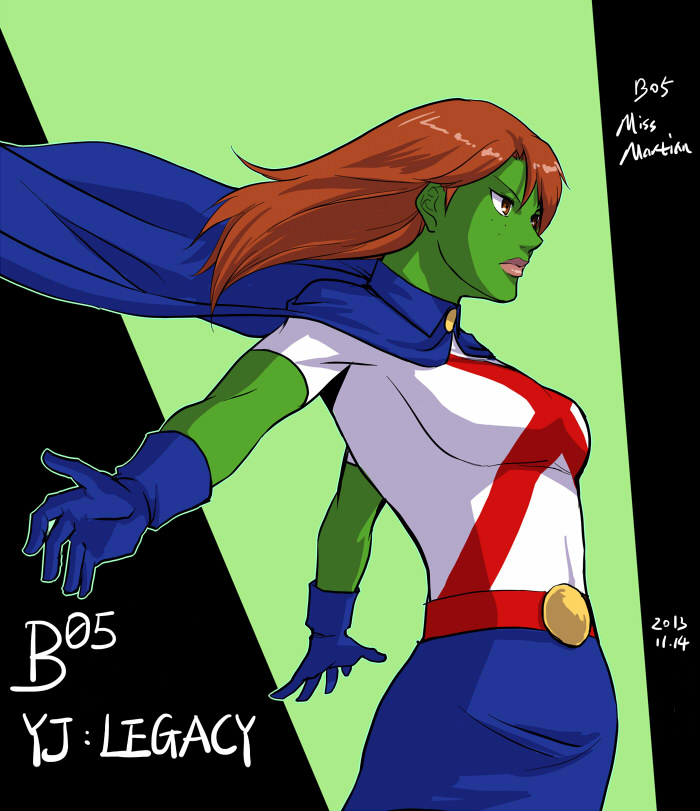 10s 1girl 2013 alien cape character_name colored_skin dc_comics female_focus freckles gloves green_skin miss_martian riyan solo young_justice:_invasion