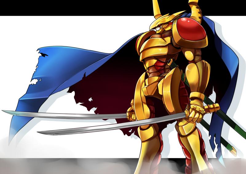 armor cape digimon digimon_(creature) dual_wielding grademon holding solo standing sword weapon
