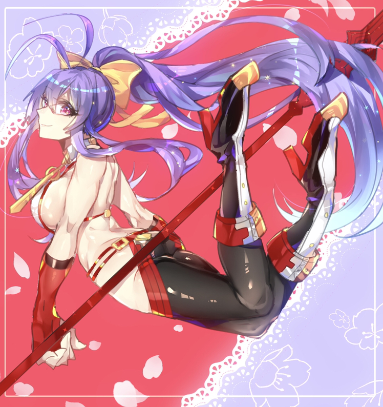 1girl antenna_hair ass backless_outfit black_pants blazblue blazblue:_central_fiction blazblue_variable_heart boots bow breasts butt_crack elbow_gloves female_focus fingerless_gloves full_body genderswap genderswap_(mtf) gloves hair_bow halterneck high_heel_boots high_heels high_ponytail holding holding_polearm holding_spear holding_weapon large_breasts long_hair lowleg lowleg_pants mai_natsume no_bra no_panties outseal pants pink_eyes polearm ponytail purple_hair red_gloves revealing_clothes sideboob smile solo spear tight_clothes tight_pants very_long_hair weapon yellow_bow yukinohito_(koutyanomitai)