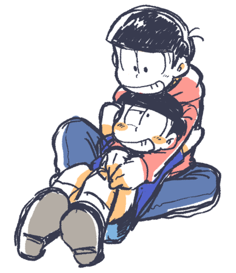 2boys arms_behind_head black_hair blue_shirt blush_stickers bowl_cut dual_persona grin hood hoodie looking_at_another male_focus matsuno_osomatsu multiple_boys osomatsu-kun osomatsu-san osomatsu_(series) red_hoodie shirt shorts simple_background sitting smile time_paradox tsubuta_hiro white_background