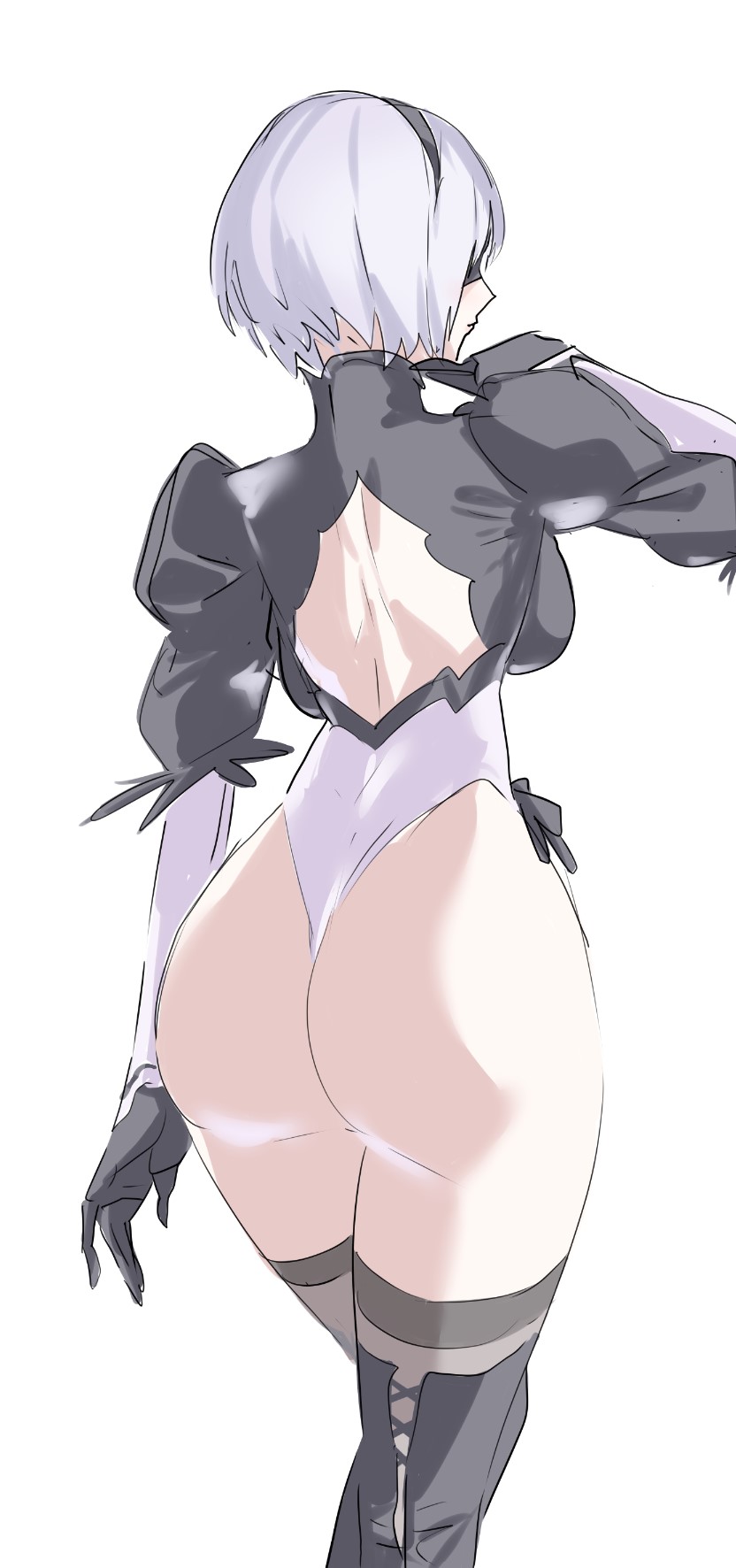 1girl 2b_(nier:automata) ass back back_cutout black_blindfold black_boots black_gloves black_hairband blindfold boots breasts clothing_cutout covered_eyes curvy from_behind gloves grey_hair hairband highleg highleg_leotard highres huge_ass juliet_sleeves large_breasts leotard long_sleeves looking_back mogi_yasunobu nier:automata nier_(series) puffy_sleeves short_hair simple_background solo standing thigh_boots thighhighs thighhighs_under_boots thighs thong_leotard white_background white_hair white_leotard wide_hips