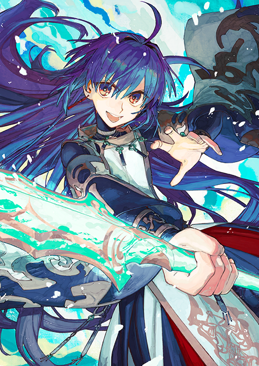 1other :d ahoge amenomurakumo-no-tsurugi_(fate) blue_background detached_sleeves dynamic_pose earrings fate/grand_order fate_(series) floating_hair game_cg glowing glowing_sword glowing_weapon hair_between_eyes hair_intakes holding holding_sword holding_weapon japanese_clothes jewelry layered_sleeves long_hair long_sleeves looking_at_viewer official_art open_mouth orange_eyes other_focus purple_hair sidelocks smile solo sword teeth third-party_source turtleneck upper_body v-shaped_eyebrows very_long_hair wataru_rei weapon wide_sleeves yamato_takeru_(fate) yamato_takeru_(third_ascension)_(fate)