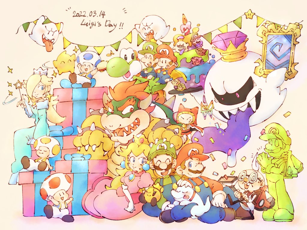 baby_luigi baby_mario blonde_hair blue_eyes boo_(mario) bowser box brown_hair chi_nya_nya_nya crown fangs ghost gift gift_box gooigi hat king_boo luigi luigi&#039;s_mansion luigi&#039;s_mansion_3 luma_(mario) mario mario_&amp;_luigi_rpg mario_&amp;_luigi:_bowser&#039;s_inside_story mario_&amp;_luigi:_dream_team mario_&amp;_luigi_rpg mario_(series) nintendo overalls paper_mario poltergust_g-00 polterpup prince_dreambert princess_peach professor_elvin_gadd ribbon rosalina smile starlow super_star_(mario) super_mario_bros._1 super_mario_world_2:_yoshi&#039;s_island super_paper_mario tippi_(paper_mario) toad_(mario) tongue tongue_out wand yoshi