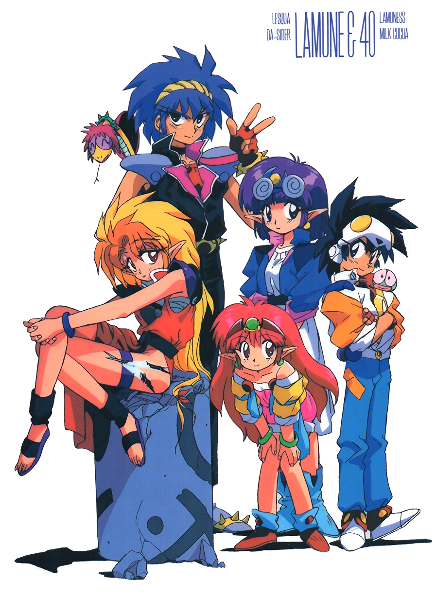 1990s_(style) 2boys 3girls arara_cocoa arara_milk baba_lamune black_eyes black_hair blonde_hair blue_eyes bracelet cacao_(lamune) character_name coke-bottle_glasses copyright_name crossed_arms crossed_legs da_cider colored_bangs earrings eyewear_on_head fingerless_gloves glasses gloves hands_on_own_knees headgear hebimetako highres jacket jewelry leaning_forward leska_(arara_cafe_au_lait) long_hair looking_at_viewer multicolored_hair multiple_boys multiple_girls ng_knight_lamune_&amp;_40 non-web_source official_art orange_hair own_hands_together pq_(lamune) purple_hair red_eyes red_hair retro_artstyle sandals short_hair simple_background three-quarter_sleeves smile snake standing thigh_strap two-tone_hair white_background