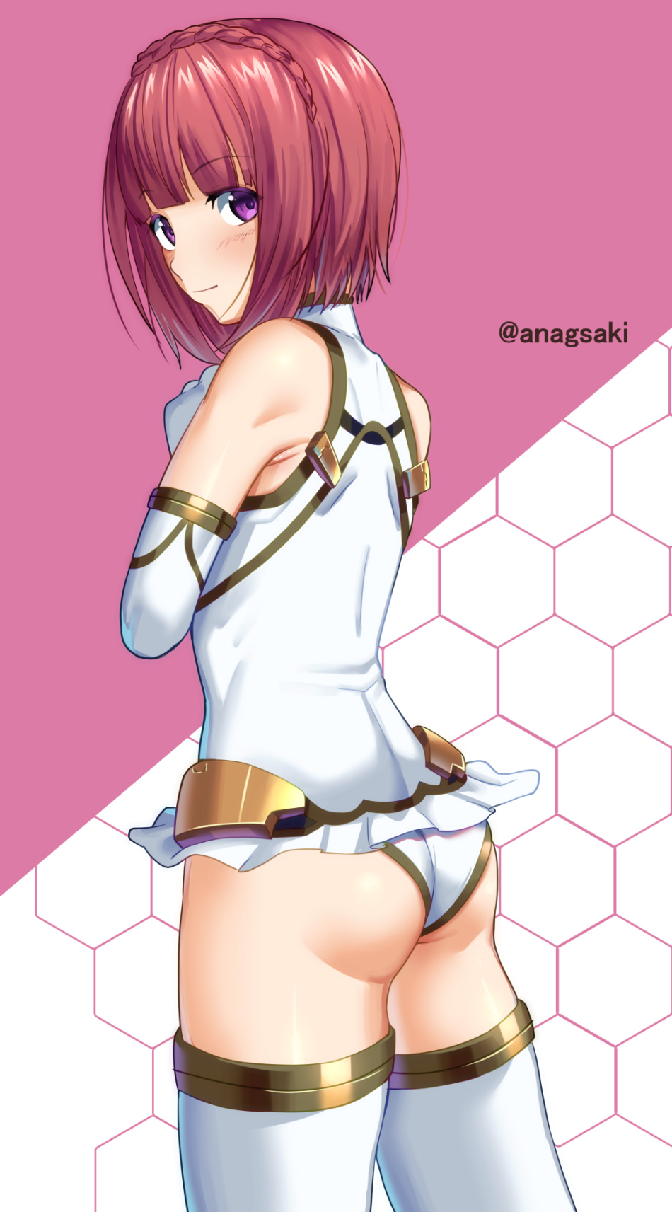 1girl aikawa_aika alice_gear_aegis aona_(anagasaki) artist_name ass bare_shoulders blunt_bangs blush braid closed_mouth cosplay cowboy_shot crown_braid elbow_gloves from_behind gloves highres leotard looking_at_viewer looking_back pink_background purple_eyes red_hair short_hair smile solo standing thighhighs twitter_username white_gloves white_leotard white_thighhighs