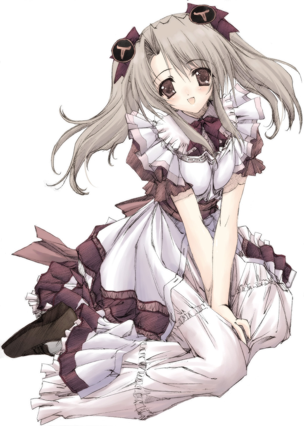 1girl dress female_focus hair_ribbon highres kimizuka_aoi long_hair longhorn maid os-tan pink_eyes ribbon silver_hair simple_background sitting sketch solo third-party_edit twintails