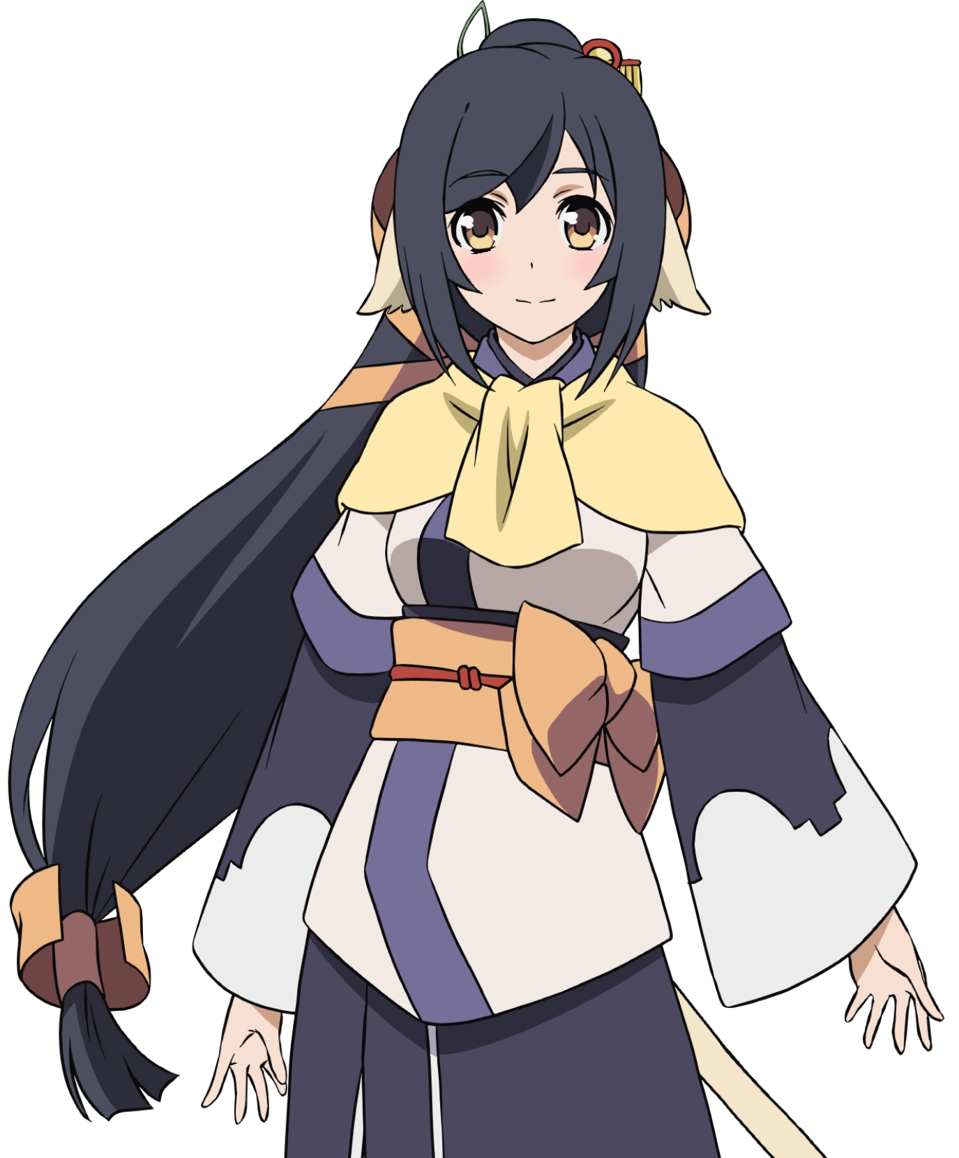 1girl absurdly_long_hair ainu_clothes animal_ears aquaplus black_hair blush breasts brown_eyes cat_tail closed_mouth cowboy_shot dress gradient_eyes hair_between_eyes hair_ornament high_ponytail highres kuon_(utawarerumono) layered_sleeves long_hair long_sleeves looking_at_viewer low-tied_long_hair medium_breasts multicolored_eyes nakata_masahiko official_art orange_sash ponytail raised_eyebrows sash scarf sidelocks smile solo standing swept_bangs tail transparent_background utawarerumono utawarerumono:_futari_no_hakuoro utawarerumono:_itsuwari_no_kamen very_long_hair white_fox_(company) white_tail wide_sleeves yellow_scarf