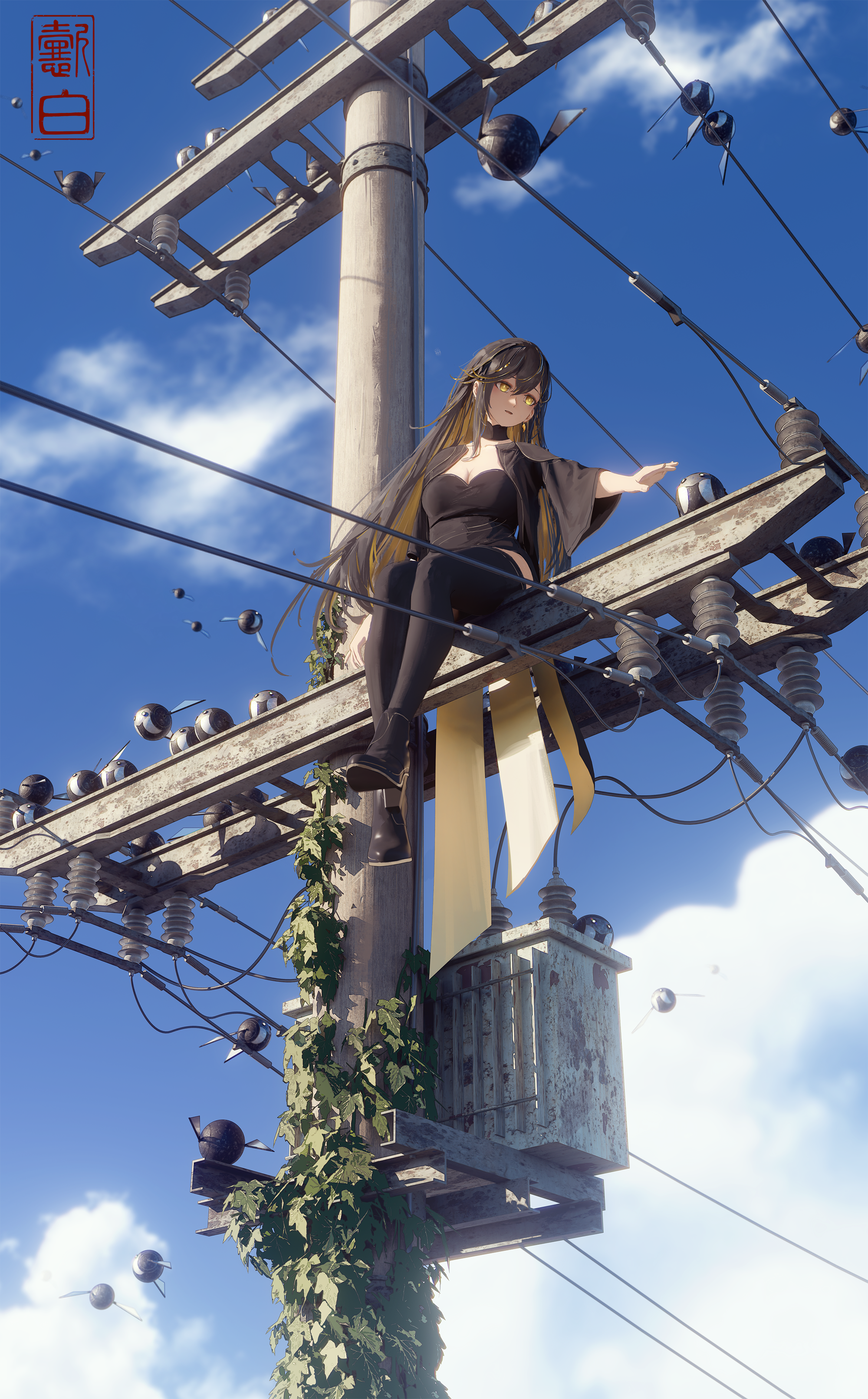 1girl absurdres black_choker black_dress black_hair black_jacket black_shirt black_shoes black_thighhighs blonde_hair blue_sky boots breasts choker cleavage cloud colored_inner_hair day dress earrings from_below full_body gold_earrings hair_between_eyes hair_ornament high_heels highres ivy jacket jewelry knees_together_feet_apart large_breasts leaf long_hair long_sleeves looking_at_viewer looking_down multicolored_hair non-humanoid_robot open_clothes open_jacket open_mouth original outdoors pantyhose plant power_lines robot robot_animal robot_bird shirt shoes short_dress single_earring sitting sky smile solo straight_hair thighhighs tooth_earrings transformer utility_pole very_long_hair wide_sleeves yellow_eyes yibai