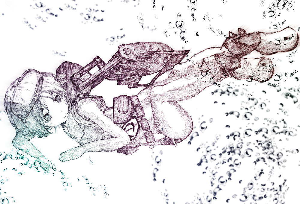 10s 1girl air_bubble belt boots bubble clothes_writing diving_mask diving_mask_on_head female_focus full_body goggles goggles_on_head gradient_filter gurin33 kantai_collection legs legs_up looking_at_viewer lying maru-yu_(kancolle) monochrome on_back one-hour_drawing_challenge rigging school_swimsuit short_hair solo swimsuit white_background