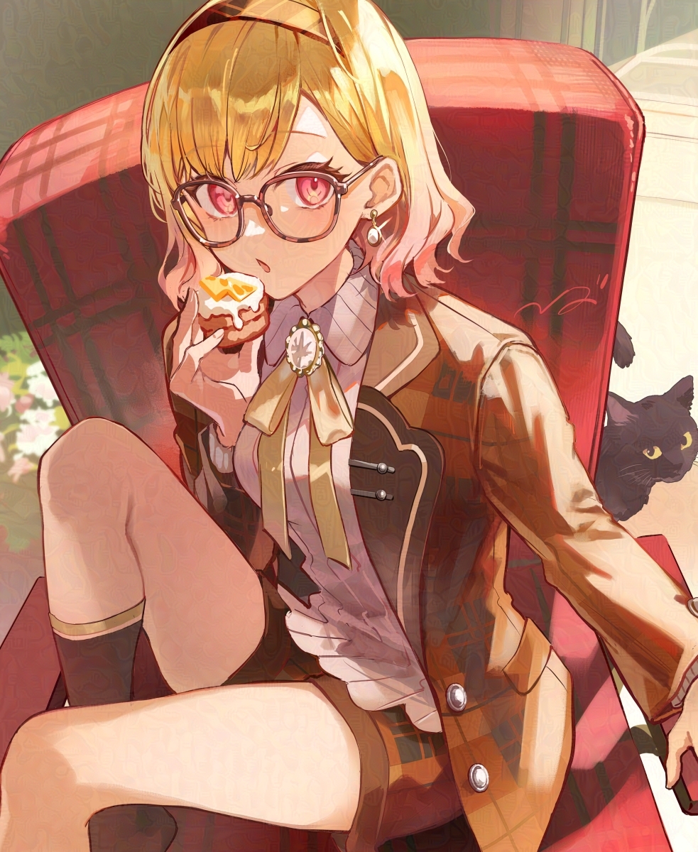 1girl alternate_costume alternate_hairstyle blonde_hair cat chair collared_shirt commentary_request earrings food glasses hairband highres holding holding_food indoors jacket jewelry long_sleeves looking_at_viewer multicolored_hair neck_ribbon on_chair open_clothes open_jacket pink_eyes poppoman project_sekai red_eyes ribbon round_eyewear shirt short_hair shorts sitting socks solo tenma_saki white_shirt