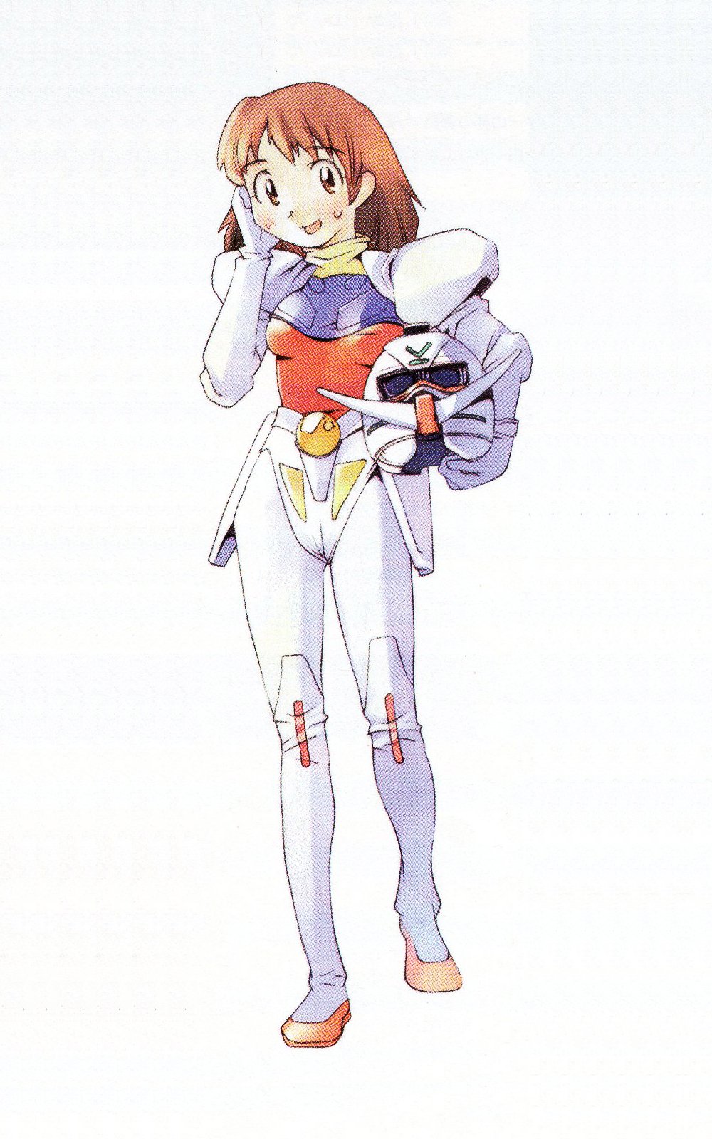 blush breasts brown_eyes brown_hair commentary english_commentary gloves gundam hair_behind_ear hand_on_own_chest helmet highres holding holding_helmet medium_breasts medium_hair official_art ogata_kouji open_mouth pants red_shirt red_shoes scan shirt shoes smile sweatdrop third-party_source turn_a_gundam turn_a_gundam_(mobile_suit) unworn_headwear unworn_helmet white_gloves white_helmet white_pants