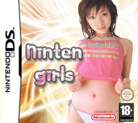 brown_eyes brown_hair cover video_game_cover handheld_game_console jewelry midriff navel necklace nintendo nintendo_ds nintendogs panties parody photo_(medium) underwear white_panties