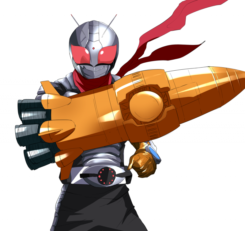 1boy antennae bad_id bad_pixiv_id belt denji_(mugitomato) kamen_rider kamen_rider_fourze_(series) kamen_rider_super-1 kamen_rider_super-1_(series) male_focus red_scarf rocket scarf simple_background solo white_background