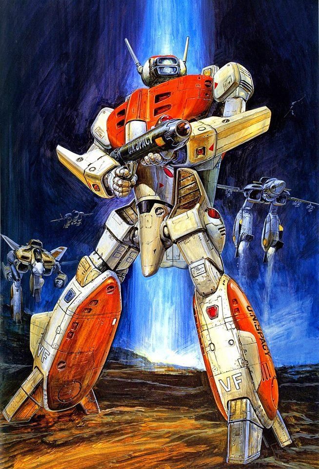 1980s_(style) battroid box_art choujikuu_yousai_macross damaged desert dirty energy_cannon fleet flying gerwalk gunpod machinery macross mecha model_kit no_humans oldschool painting_(medium) realistic retro_artstyle robot scan science_fiction takani_yoshiyuki thrusters traditional_media u.n._spacy variable_fighter vf-1 vf-1a vf-1d vf-1s