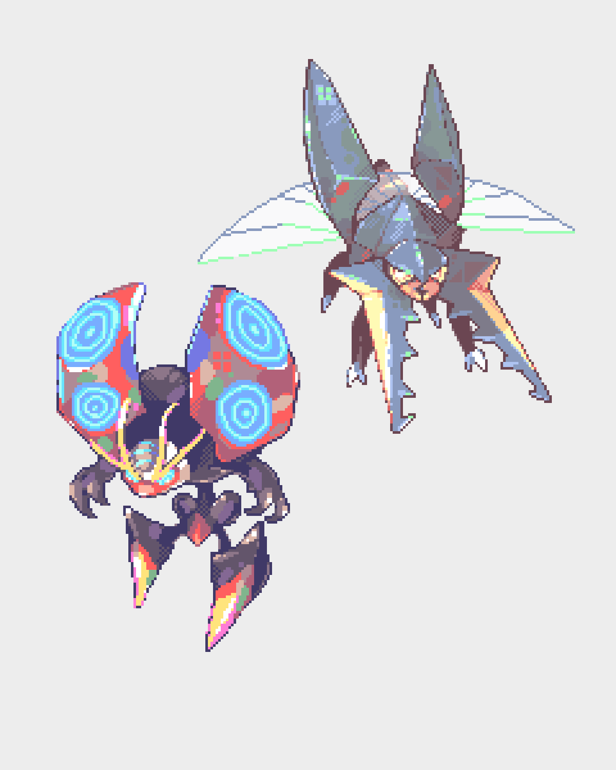 animal_focus beetle bug claws commentary gen_7_pokemon gen_8_pokemon highres insect insect_wings mandibles nintendo no_humans orbeetle pixel_art pokemon pokemon_(creature) robin_(pixelated_robin) simple_background vikavolt white_background wings