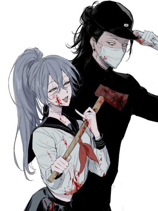 1girl axe black_hair black_hat blood blood_on_axe blood_on_clothes blood_on_face blood_on_gloves blood_on_mask fallsoki genderswap genderswap_(mtf) getou_suguru getou_suguru_(kenjaku) hat holding holding_axe jujutsu_kaisen mahito_(jujutsu_kaisen) ponytail putting_on_headwear school_uniform smile stitches white_mask