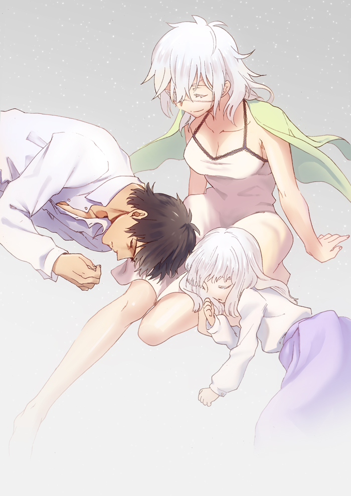 1boy 2girls aged_down black_hair breasts caren_hortensia child claudia_hortensia cleavage closed_eyes colored_eyelashes dress_shirt eyepatch fate_(series) father_and_daughter husband_and_wife kotomine_kirei lap_pillow long_hair medium_breasts mother_and_daughter multiple_girls sen_(0snow) shirt short_hair skirt smile white_hair