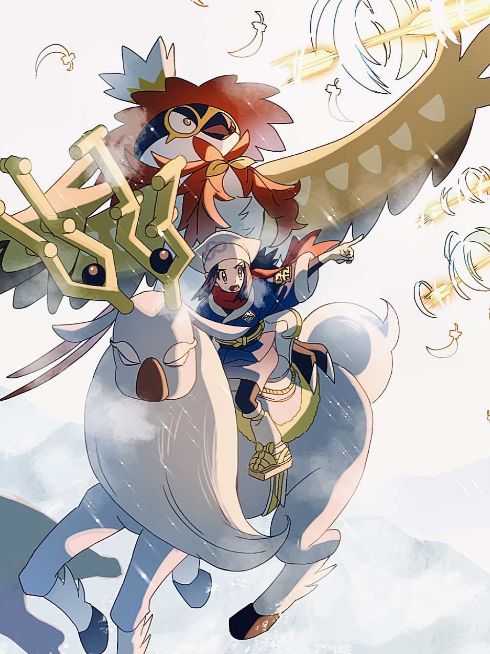 1girl akari_(pokemon) antlers archery arrow_(projectile) constricted_pupils deer feathers headscarf highres hisuian_decidueye hooves horns nintendo open_mouth orange_eyes p0ke_a0210 pointing pokemon pokemon_legends:_arceus riding riding_pokemon scarf snow snowing white_feathers white_headscarf white_scarf wyrdeer