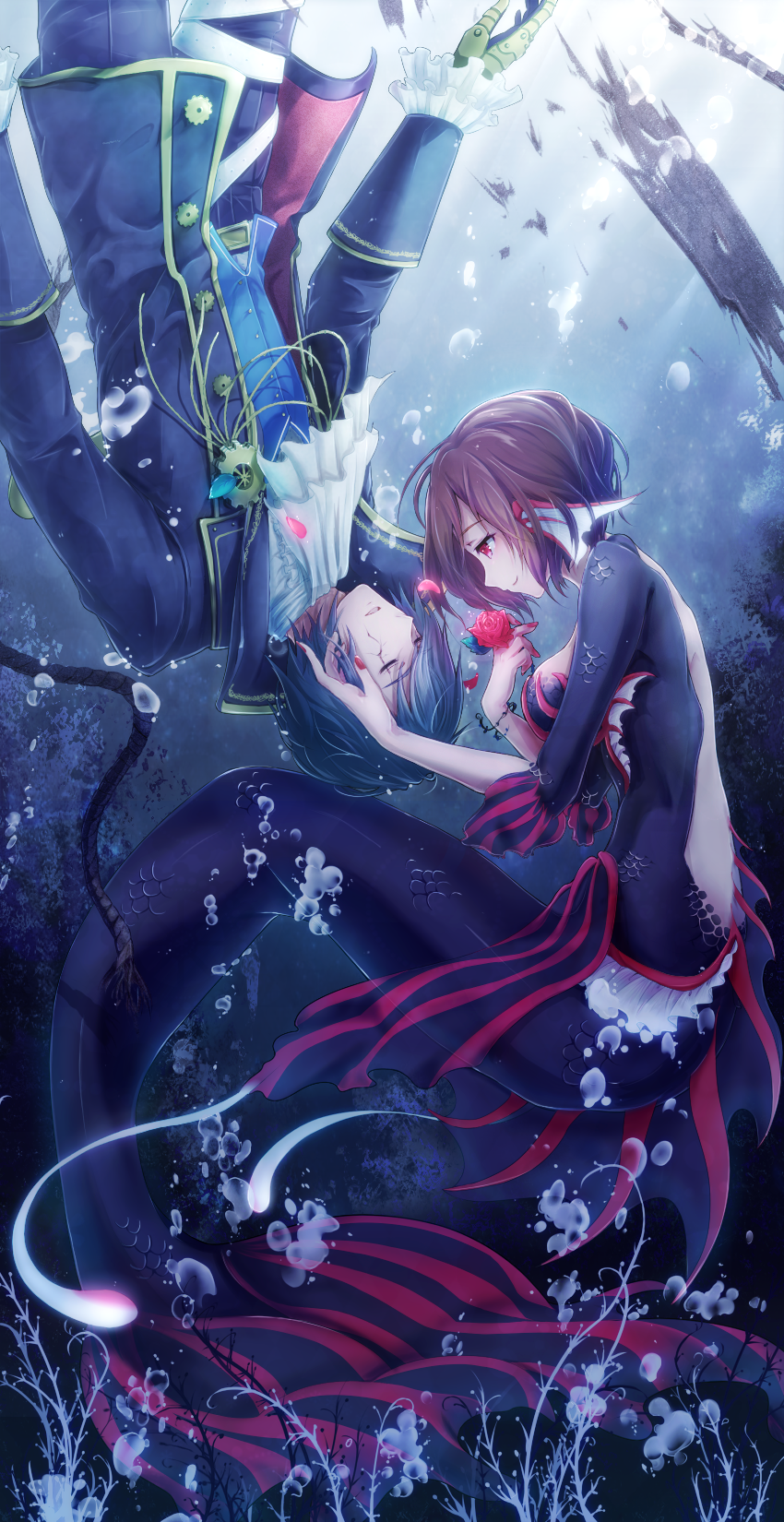 blue_hair brown_hair bubble chabane closed_eyes fins highres kaito_(requiem)_(vocaloid) kaito_(vocaloid) meiko_(lorelei)_(vocaloid) meiko_(vocaloid) mermaid monster_girl nail_polish project_diva_(series) project_diva_f red_eyes short_hair underwater vocaloid
