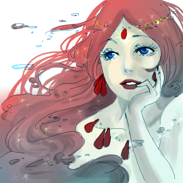 00s 1girl blue_eyes collarbone female_focus floating_hair gake_no_ue_no_ponyo grandmanmare head_rest katahira_kouji lipstick long_hair looking_away makeup nude parted_lips red_hair solo studio_ghibli very_long_hair