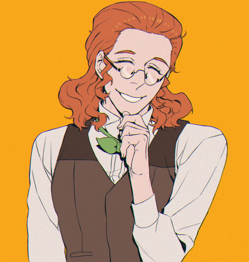 1boy blush bow bowtie brown_hair brown_vest classicaloid eyelashes facing_viewer forehead franz_schubert_(classicaloid) glasses green_bow green_bowtie grin long_sleeves male_focus orange_background sf_jd short_hair simple_background smile solo vest