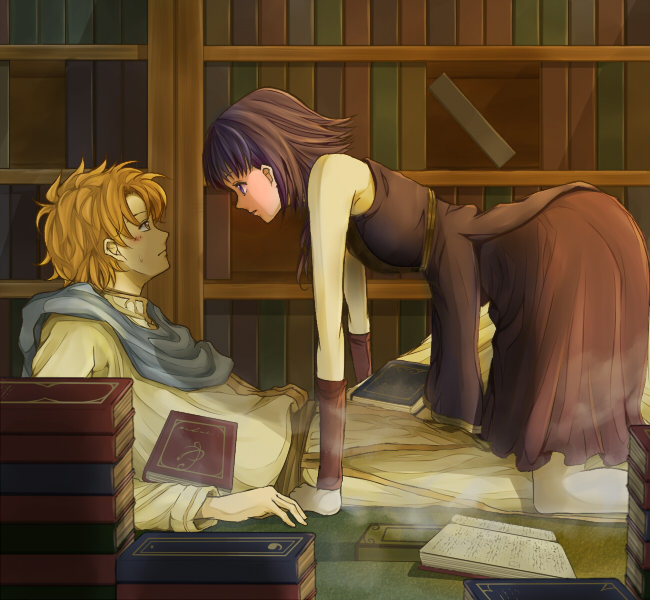 1boy 1girl artur_(fire_emblem) blush book bookshelf brown_eyes brown_hair couple delsaber dress fire_emblem fire_emblem:_the_sacred_stones hetero lute_(fire_emblem) nintendo purple_eyes purple_hair short_hair twintails