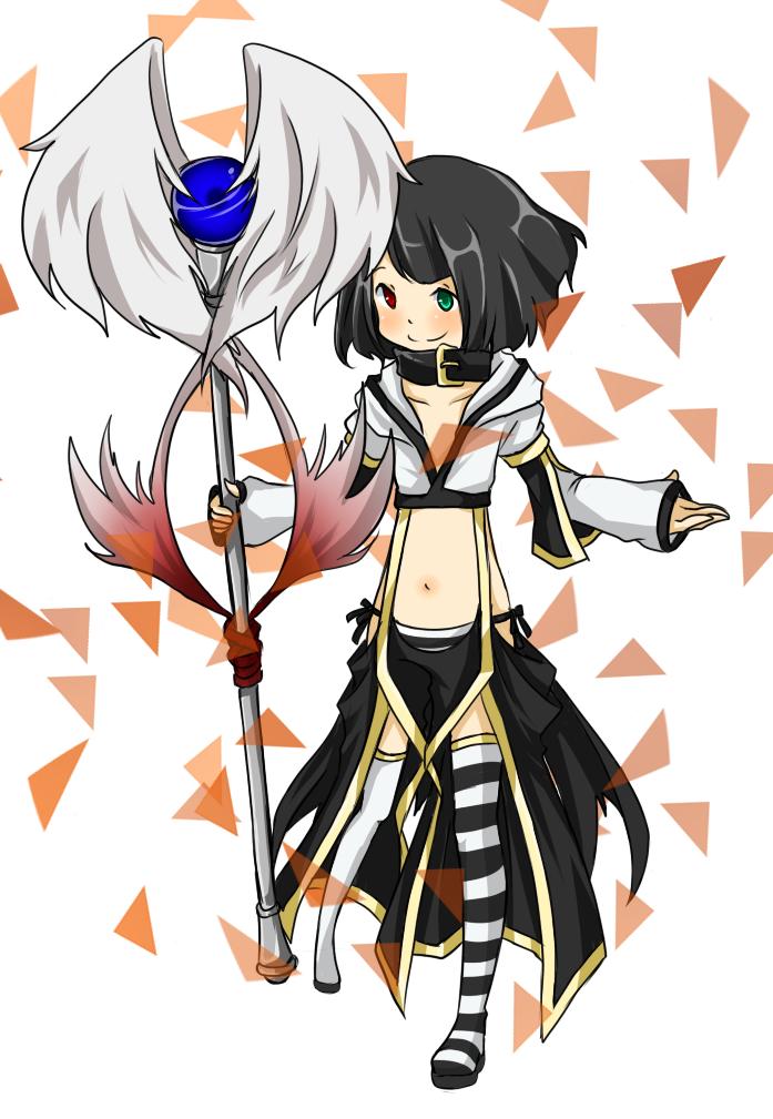 1girl belt belt_collar black_belt black_hair black_pants black_sandals black_thighhighs blush closed_mouth collar commentary_request crop_top flat_chest front_slit full_body green_eyes heterochromia holding holding_staff looking_at_viewer meiko_(nattu303) navel pants ragnarok_online red_eyes sandals shirt short_hair simple_background smile solo staff standing striped_clothes striped_thighhighs suspenders thighhighs warlock_(ragnarok_online) white_background white_shirt white_thighhighs