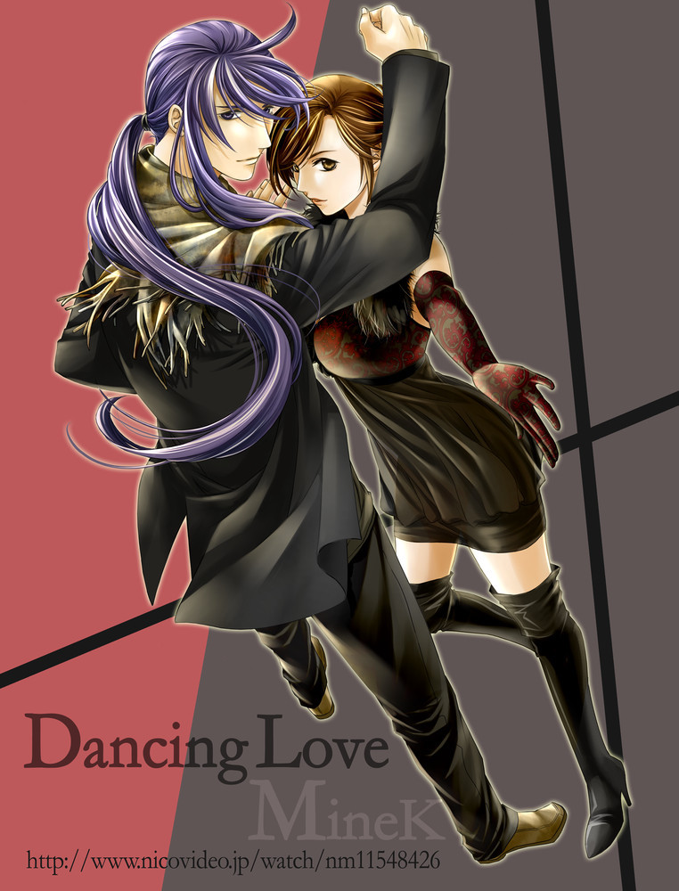 1boy 1girl boots couple dancing_love_(vocaloid) dress gloves hetero high_heels kamui_gakupo legs long_hair meiko_(vocaloid) perspective shoes short_hair thigh_boots thighhighs toyu vocaloid