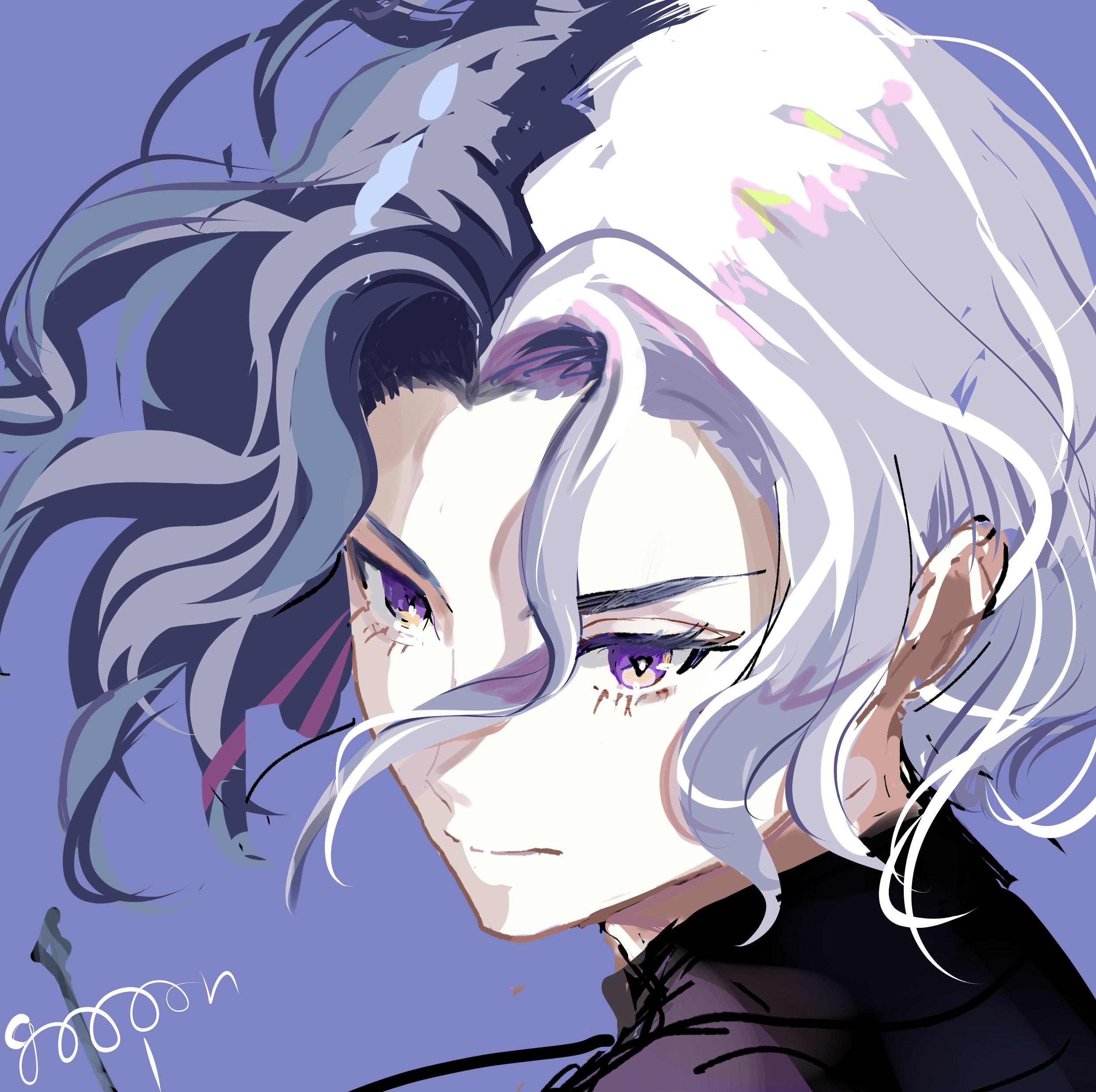 1boy absurdres amethio_(pokemon) bright_pupils commentary_request eyelashes goopon highres loose_hair_strand male_focus multicolored_hair nintendo pokemon pokemon_(anime) pokemon_horizons portrait purple_background purple_eyes shirt short_hair signature simple_background solo symbol-shaped_pupils triangle-shaped_pupils two-tone_hair