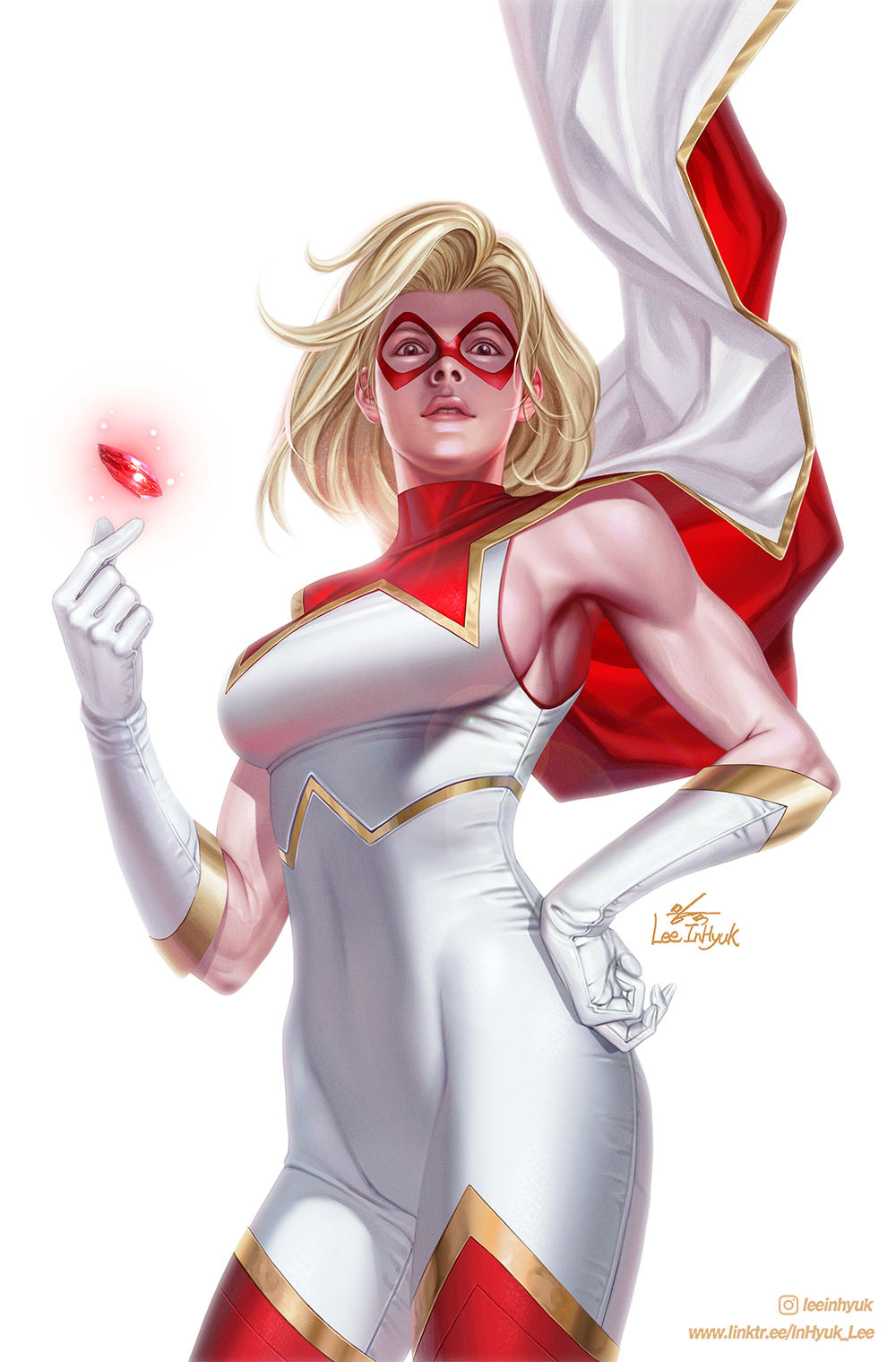 1girl blonde_hair bodysuit breasts brown_eyes cape domino_mask gem gloves gold_trim hand_on_own_hip highres in-hyuk_lee instagram_logo instagram_username looking_at_viewer marvel mask medium_breasts red_bodysuit red_cape red_gemstone red_mask ripley_ryan short_hair signature simple_background sleeveless sleeveless_bodysuit solo star_(marvel) superhero_costume two-sided_cape two-sided_fabric two-tone_bodysuit watermark web_address white_background white_bodysuit white_cape white_gloves