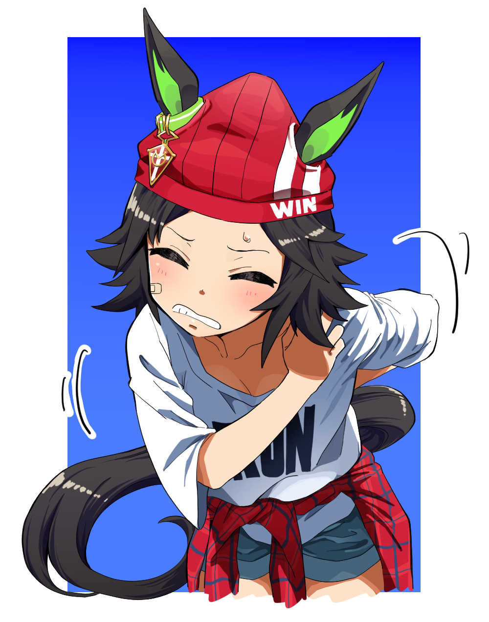1girl animal_ears bandaid bandaid_on_face beanie black_hair blue_shorts blush clenched_teeth closed_eyes clothes_around_waist clothes_writing cowboy_shot ear_ornament ears_through_headwear furrowed_brow hat highres horse_ears horse_girl horse_tail okachi red_hat scratching shirt short_hair short_sleeves shorts solo sweatdrop tail teeth umamusume white_shirt winning_ticket_(umamusume)