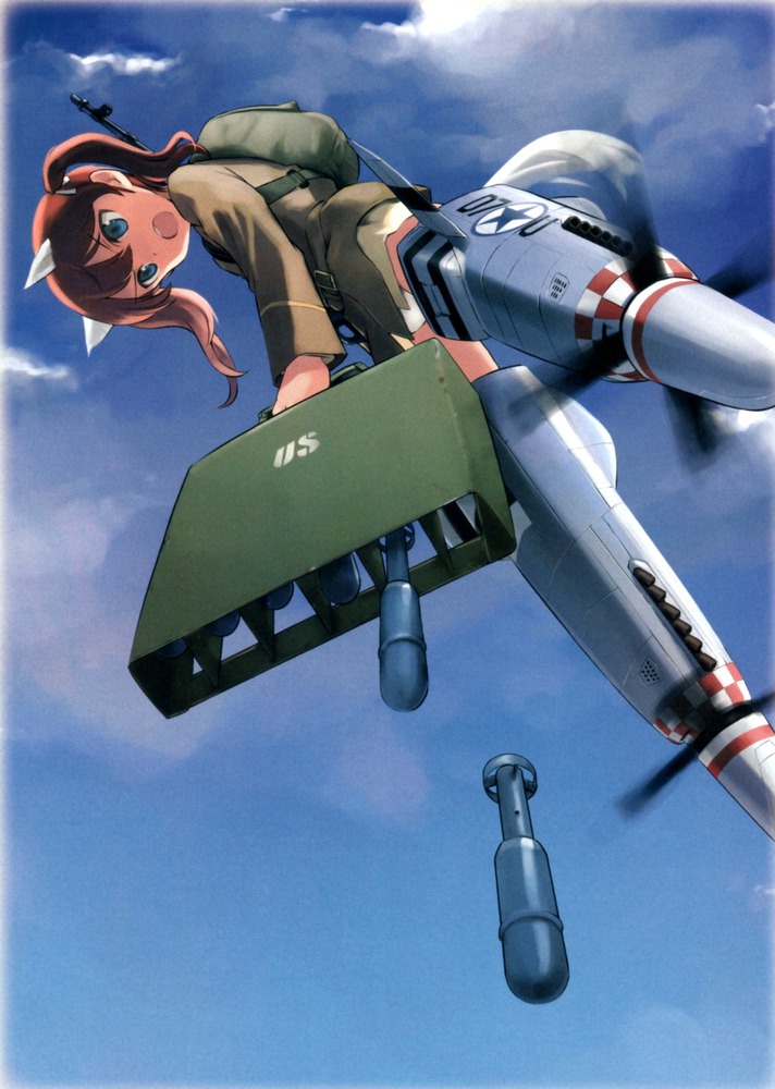 1girl aerial_bomb animal backpack bag bomb bombing briefcase cloud escort_fighter explosive flying francie_gerard military military_uniform p-51_mustang randoseru shimada_fumikane sky source_request strike_witches striker_unit tail twintails world_witches_series
