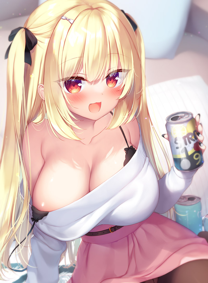 1girl black_bra black_pantyhose blonde_hair blush bra breasts can commentary_request hair_ribbon holding holding_can large_breasts looking_at_viewer open_mouth original pantyhose pillow red_eyes ribbon sazaki_ichiri solo strap_slip strong_zero underwear