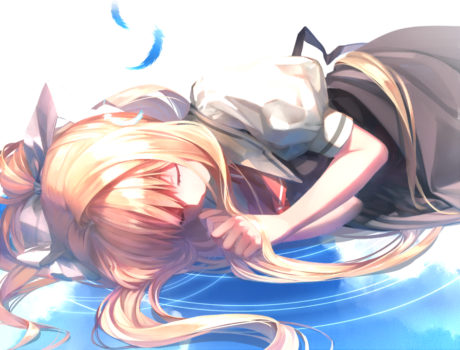 1girl air_(visual_novel) ascot black_dress blonde_hair closed_eyes dekatanaba dress falling_feathers feathers hair_ribbon kamio_misuzu long_hair lying on_side own_hands_together pinafore_dress ponytail puffy_short_sleeves puffy_sleeves red_ascot revision ribbon school_uniform shirt short_sleeves sleeveless sleeveless_dress solo white_shirt