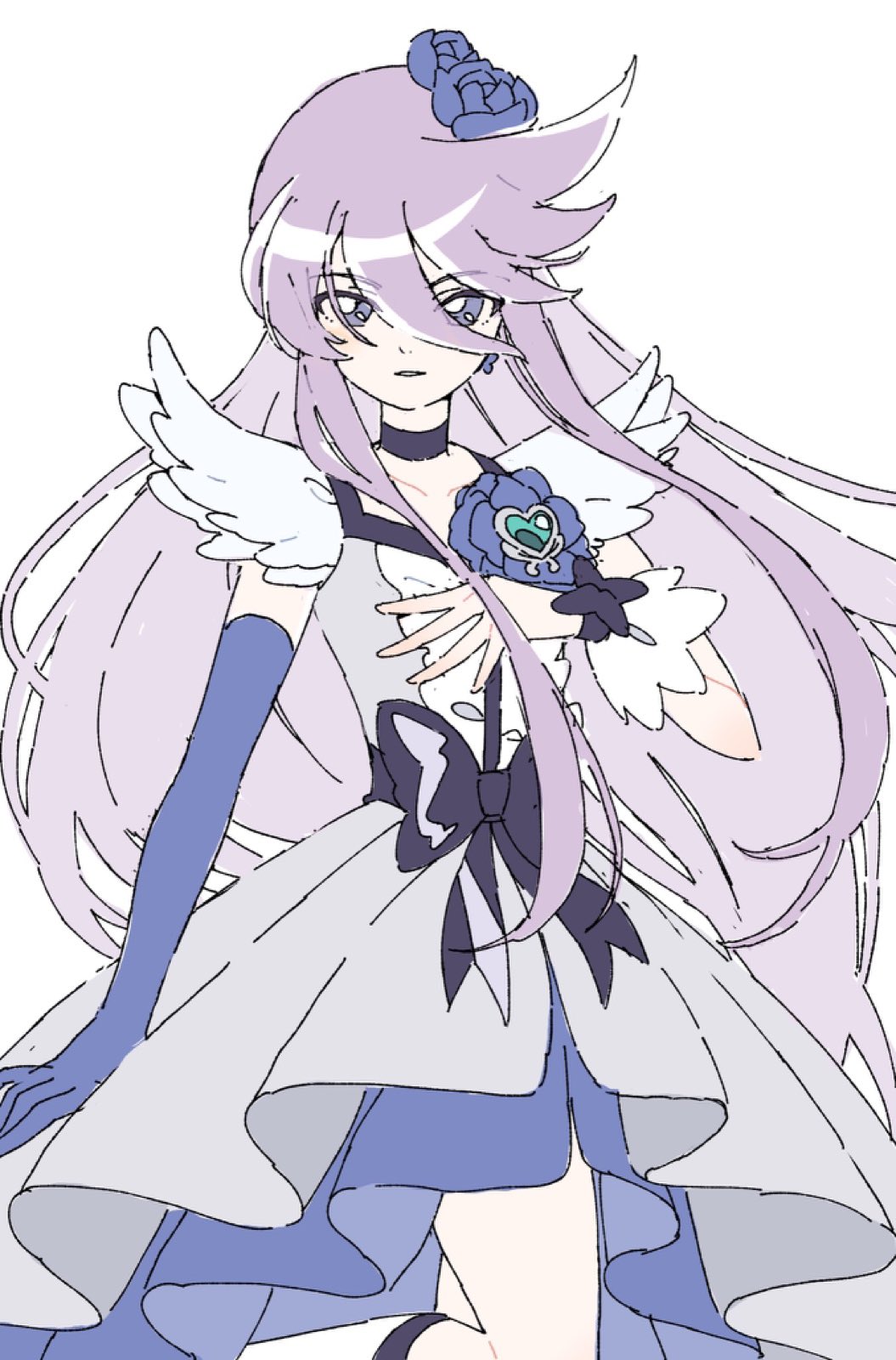 1girl black_bow black_choker bow brooch choker collarbone cowboy_shot cure_moonlight dress elbow_gloves flat_chest flower ginjiro_(ginjiroxx) gloves hair_between_eyes hair_flower hair_ornament hand_up heart heart_brooch heartcatch_precure! highres jewelry layered_dress long_bangs long_hair looking_at_viewer magical_girl parted_lips pleated_dress precure purple_dress purple_eyes purple_flower purple_gloves purple_hair purple_rose rose simple_background single_elbow_glove sketch solo standing straight_hair tsukikage_yuri very_long_hair white_background white_wrist_cuffs wrist_cuffs