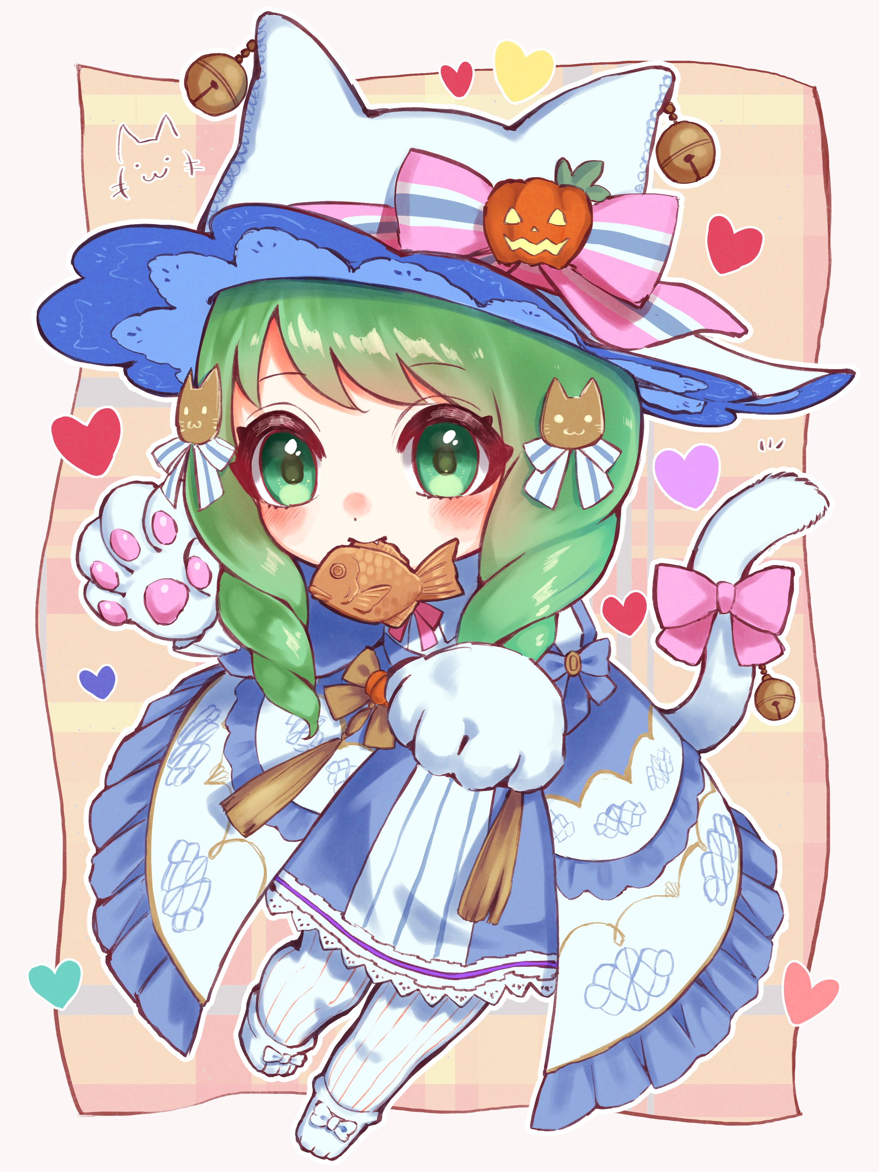 1girl absurdres animal_ears cat_ears cat_girl cat_tail chibi drill_hair fake_animal_ears fake_tail fire_emblem fire_emblem:_three_houses fire_emblem_heroes flayn_(fire_emblem) flayn_(halloween)_(fire_emblem) food food_in_mouth green_eyes green_hair hair_ornament hairclip highres looking_at_viewer miran_(olivine_20) nintendo tail taiyaki wagashi