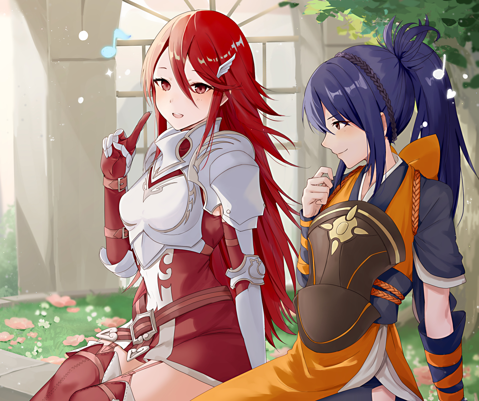 2girls apron armor belt blue_hair boobplate braid breastplate brown_eyes commission cordelia_(fire_emblem) crown_braid fire_emblem fire_emblem_awakening fire_emblem_fates flower gauntlets hair_ornament haru_(nakajou-28) highres japanese_armor japanese_clothes multiple_girls musical_note nintendo oboro_(fire_emblem) orange_apron ponytail red_eyes red_hair rope sitting skeb_commission wing_hair_ornament winged_hair_ornament