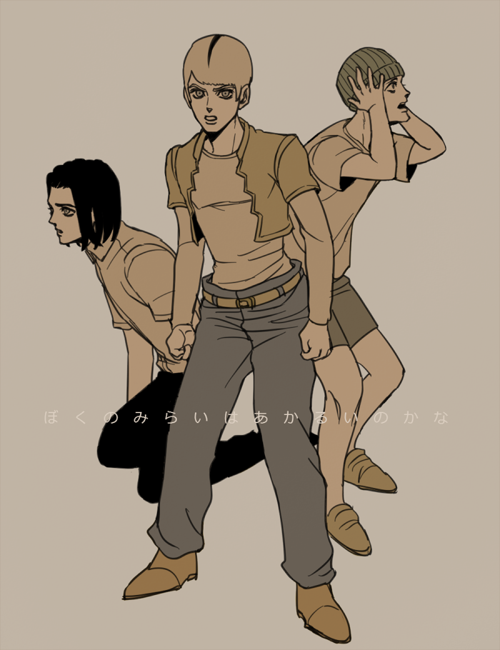 3boys aged_down beanie blunt_bangs brothers cropped_jacket donatello_versus hage_tashuumi hat jojo_no_kimyou_na_bouken kneeling multiple_boys muted_color rikiel shorts siblings sideburns stone_ocean ungaro