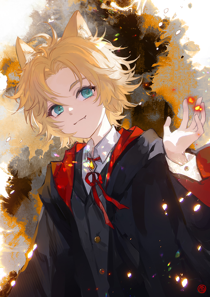 1boy :3 aged_down animal_ears aqua_eyes black_coat blonde_hair brooch buttons cat_boy cat_ears closed_mouth coat collared_shirt curtained_hair diamond_button embers fang grey_vest hand_up hood hood_down hooded_coat jewelry kemonomimi_mode lars_rorschach long_sleeves looking_at_viewer lovebrush_chronicles magic male_focus neck_ribbon open_clothes open_coat open_hand orange_background parted_bangs red_ribbon ribbon school_uniform shirt short_hair solo splatter_background upper_body vest white_background white_shirt xuedaixun