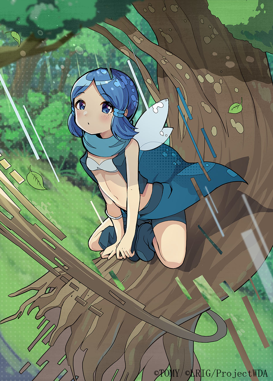 1girl blue_eyes blue_hair blue_shoes blue_shorts blush bra breasts closed_mouth copyright_notice fairy_wings futase_(wixoss) highres in_tree kei_s01 looking_at_viewer medium_hair navel official_art outdoors shoes shorts sitting sitting_in_tree small_breasts solo tree underwear white_bra wings wixoss