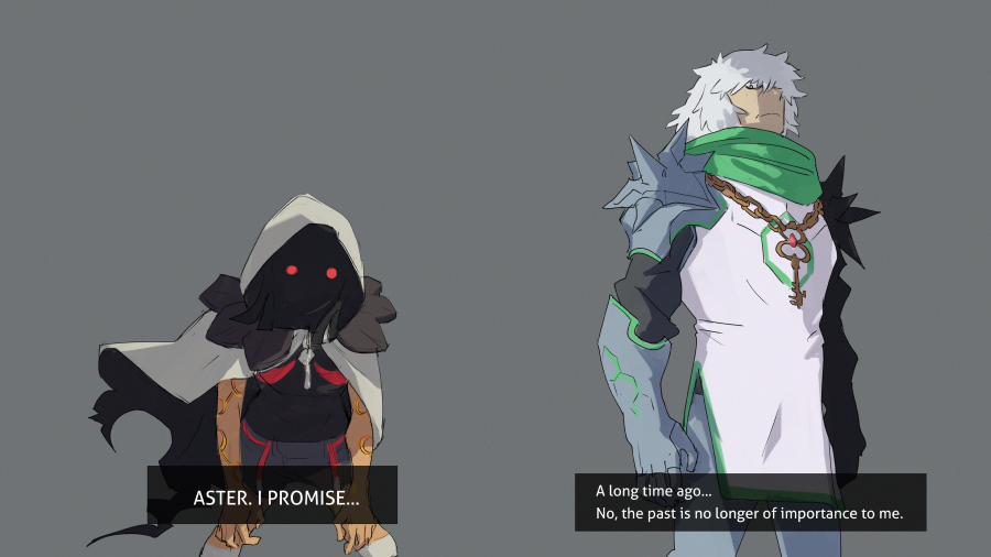 1boy 1girl alternate_costume armor az_(pokemon) black_shirt breasts chain chain_necklace cloak closed_mouth commentary dark_persona dialogue_box english_commentary english_text frown gauntlets glowing glowing_eyes go-lurk grey_background grey_shorts hood hood_up hunched_over jewelry key kneehighs looking_at_viewer necklace nintendo pokemon pokemon_oras pokemon_xy red_eyes shirt short_hair short_shorts shorts shoulder_armor socks white_hair white_socks zinnia_(pokemon)