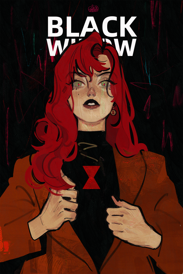 1girl artist_name avengers_(series) black_background black_bodysuit black_nails black_widow bodysuit brown_jacket character_name cyberpumpkinpie earrings fingernails gold_earrings green_eyes hair_between_eyes hands_up jacket jewelry lapels lips long_hair long_sleeves looking_at_viewer marvel nail_polish natasha_romanoff open_clothes open_jacket red_hair red_lips red_pupils simple_background solo superhero_costume teeth upper_body wavy_hair
