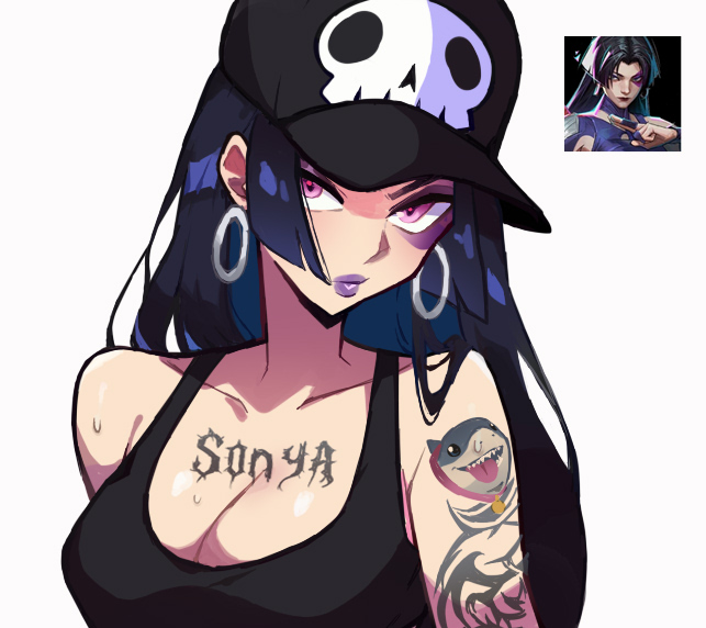 1girl bare_shoulders black_hair breasts earrings hat jeff_(marvel) jewelry large_breasts long_hair looking_at_viewer marvel marvel_rivals psylocke purple_eyes solo sonyashh tattoo x-men