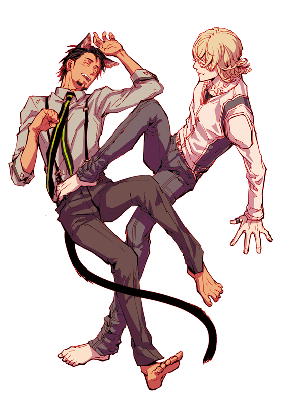 2boys arms_up barefoot barnaby_brooks_jr. belt black_pants black_shirt blonde_hair brown_hair closed_eyes collared_shirt commentary_request facial_hair glasses goatee grey_shirt hair_slicked_back jacket jewelry kaburagi_t._kotetsu long_sleeves male_focus minamida multiple_boys necktie pants rimless_eyewear ring shirt shirt_tucked_in simple_background sleeve_cuffs smile striped_necktie suspenders tail tiger_&amp;_bunny white_background white_jacket wing_collar zipper