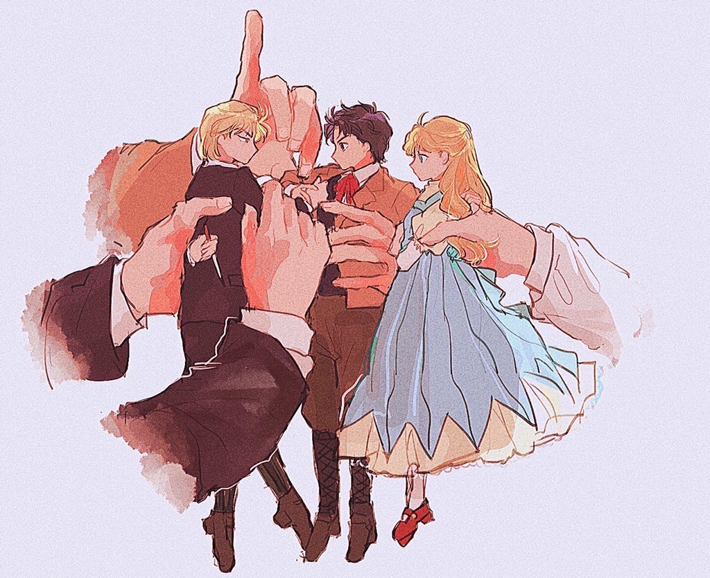 1girl 2boys arm_behind_back black_hair black_jacket black_vest blonde_hair blue_dress boots bow bowtie brown_jacket brown_shoes character_doll collared_shirt dio_brando disembodied_hand doll dress erina_pendleton film_grain fuha_(azukiba_9) full_body holding holding_another&#039;s_wrist holding_behind_back holding_knife holding_weapon jacket jojo_no_kimyou_na_bouken jonathan_joestar knife lace-up_boots long_dress long_hair long_sleeves looking_at_another mary_janes multiple_boys open_clothes open_jacket phantom_blood red_bow red_footwear shirt shoes short_hair simple_background socks vest weapon white_background white_shirt white_socks