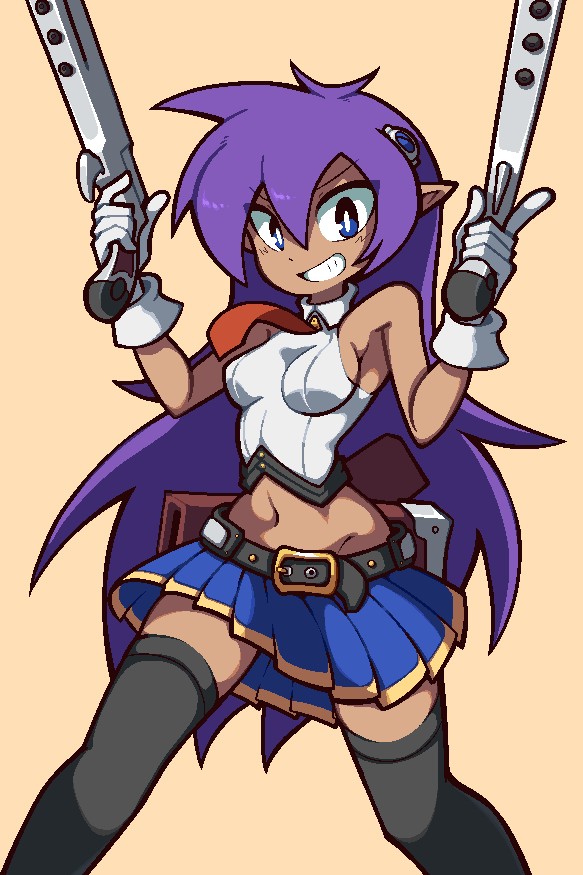 1girl belt blazblue blue_eyes breasts cosplay cristina_valenzuela dark_skin dark-skinned_female female_focus gloves gun noel_vermillion noel_vermillion_(cosplay) pointy_ears purple_hair voice_actor_connection shantae shantae_(series) skirt smile solo thighhighs weapon