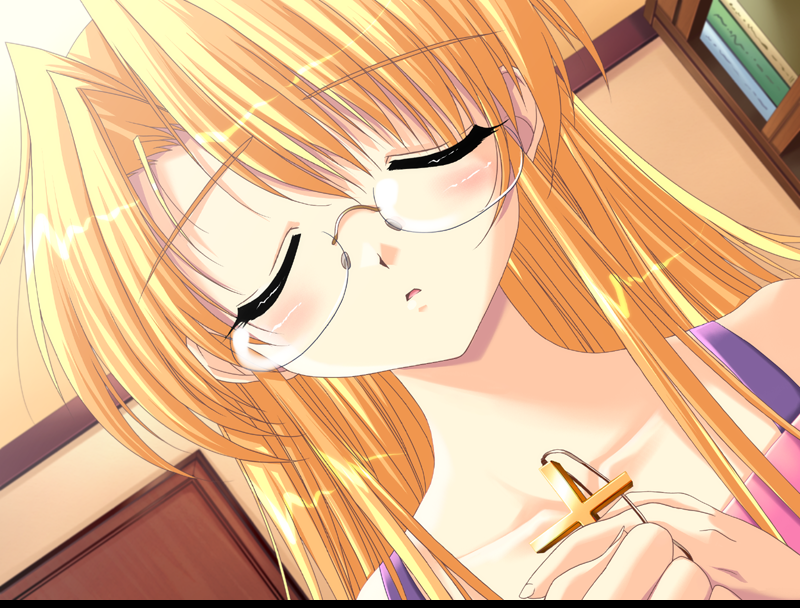 1girl blonde_hair closed_eyes cross downhill_night emily_(pure_dream) female_focus glasses long_hair smile solo top_(company) yano_maria